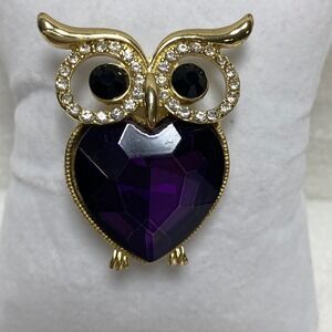 VTG Monet Signed Owl Pin Brooch Purple Rhinestone Gold Tone